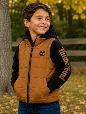 Timberland Boys Size XS 5/6 Insulated Puffer Hoodie Jacket Brown Black